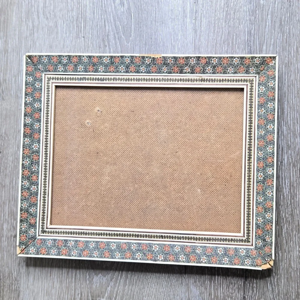 Vintage Middle Eastern Moroccan Kari Inlay Marquetry Wood Frame Geometric Mosaic